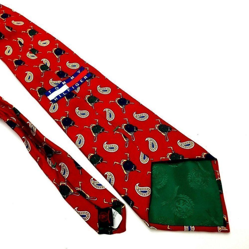 Vintage Tommy Hilfiger Colorblock Logo Silk Tie Print Red Jockey Short Wide‎ - Picture 5 of 6